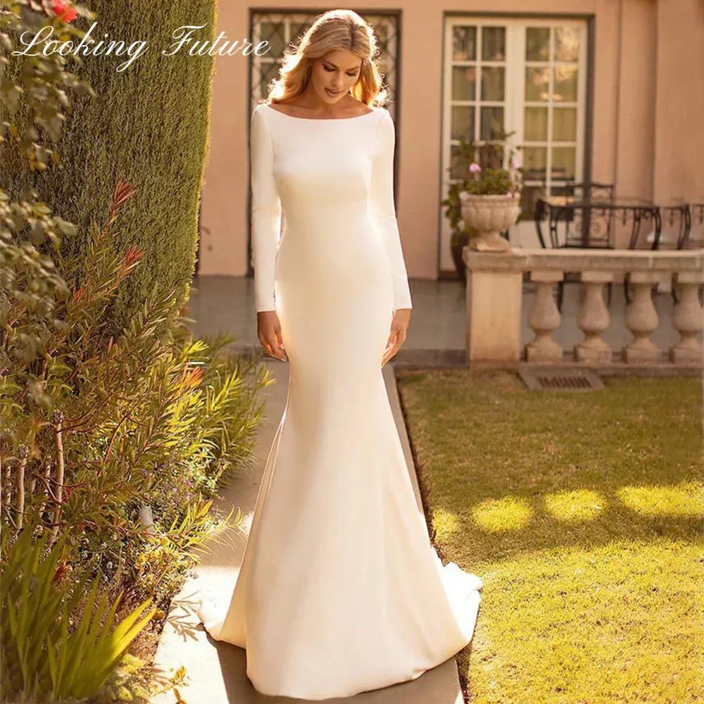 Wedding Dresse Satin Cowl Back O-Neck Bridal Gown Simple White Long Sleeves