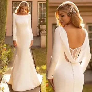 Wedding Dresse Satin Cowl Back O-Neck Bridal Gown Simple White Long Sleeves