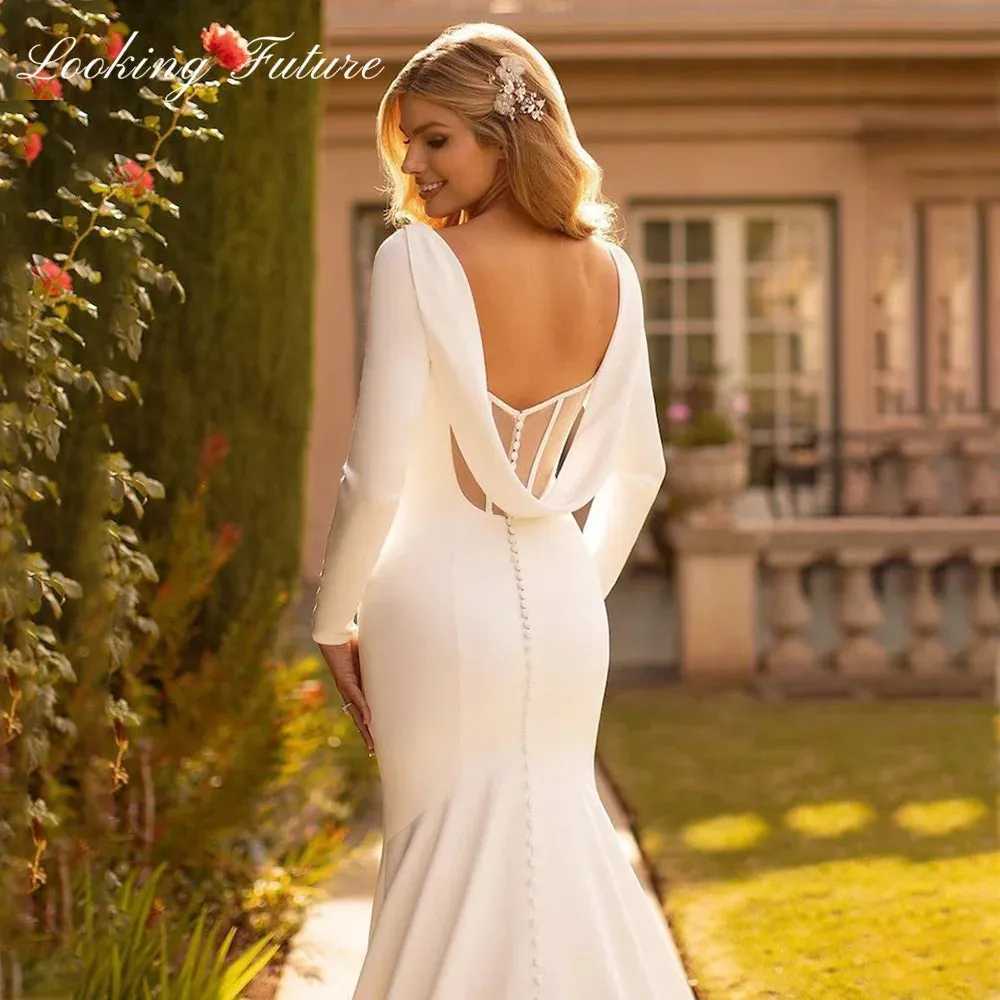 Wedding Dresse Satin Cowl Back O-Neck Bridal Gown Simple White Long Sleeves