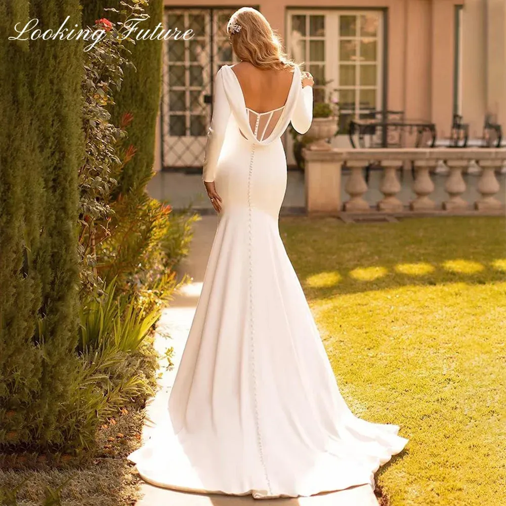 Wedding Dresse Satin Cowl Back O-Neck Bridal Gown Simple White Long Sleeves