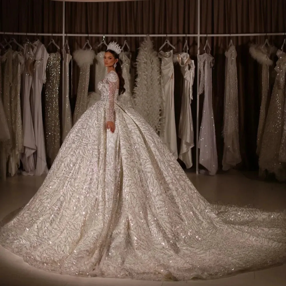 Wedding Dresses Crystals Beading Dress For Bride Shiny Floor-length Bridal Gown
