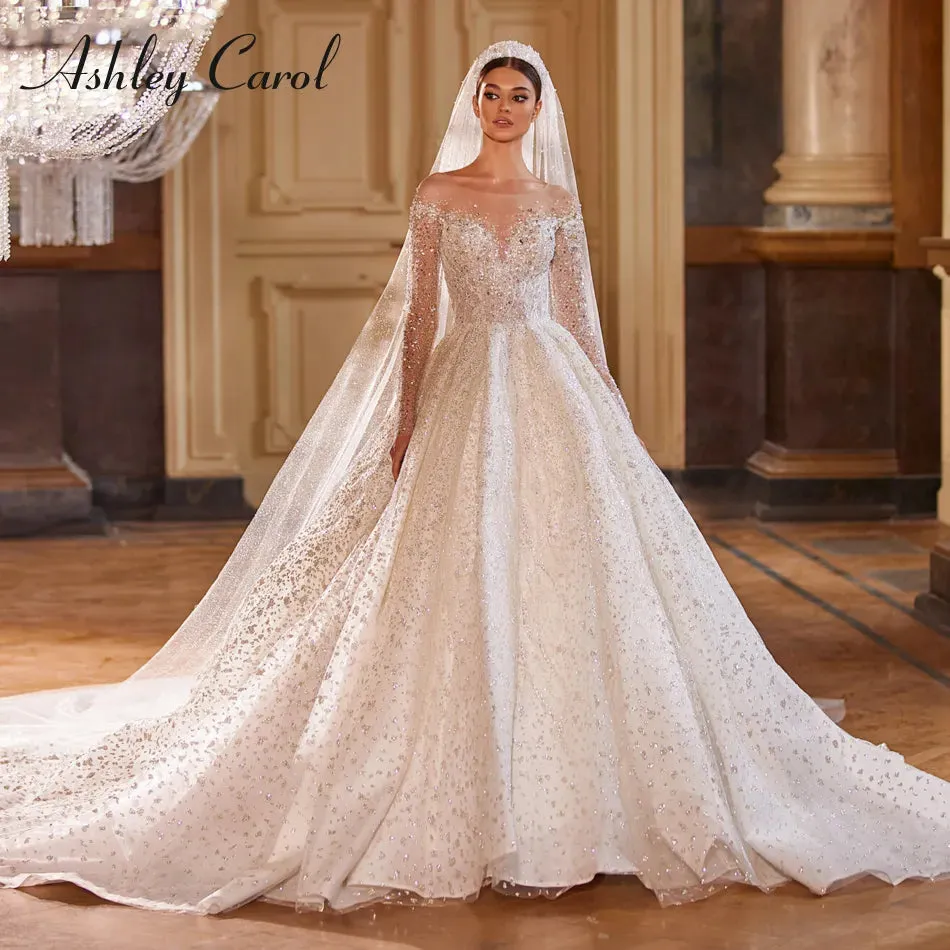 Wedding Dresses For Women 2024 Bride Long Sleeve Princess Sparkling Beaded