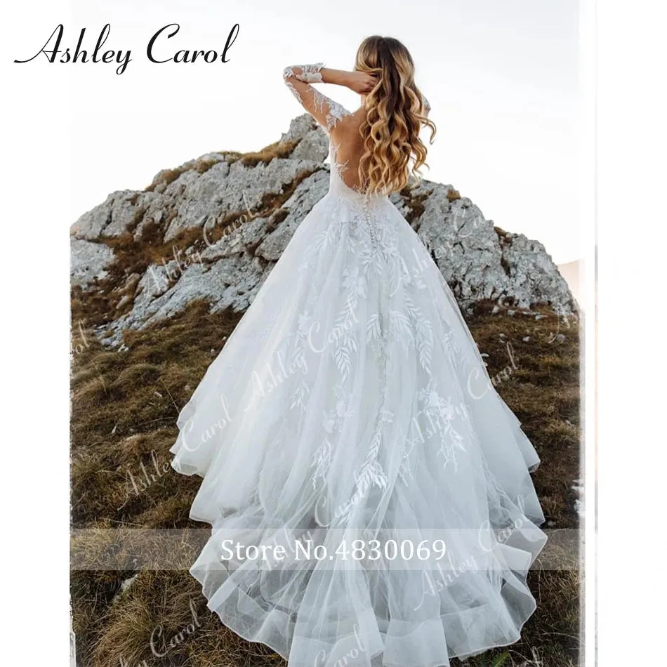 Wedding Dresses For Women Appliques Tulle Backless Long Sleeve