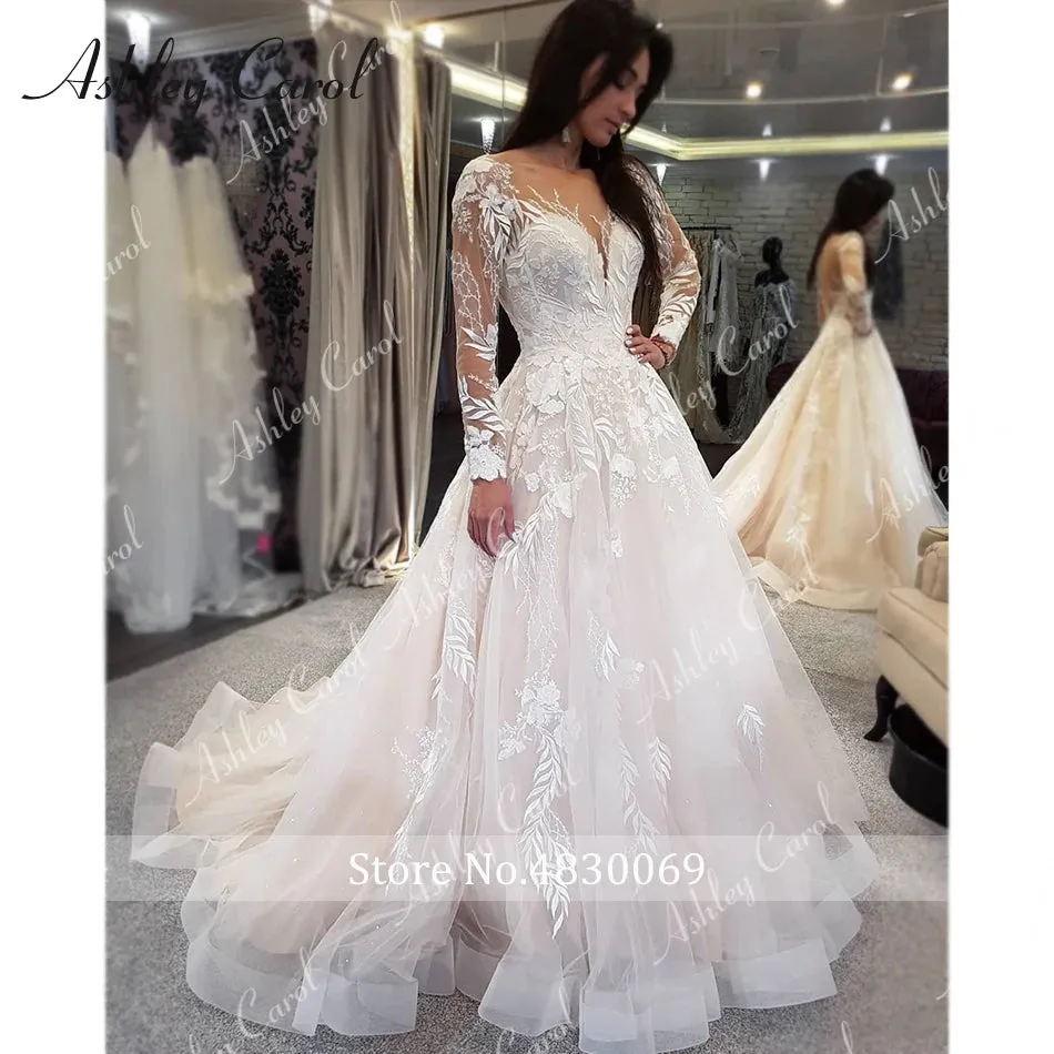 Wedding Dresses For Women Appliques Tulle Backless Long Sleeve