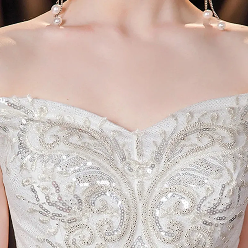 Wedding Dresses Illusion V-Neck Short Backless Tulle Lace Sequined Beading