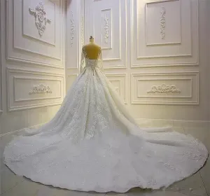 Wedding Dresses Ivory Bridal Gowns A Line O-Neck Long Sleeve Tulle Applique