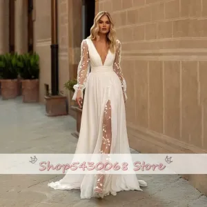 Wedding Dresses Long Puffy Sleeve Lace Bride Dress  Elegant
