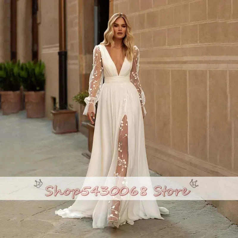 Wedding Dresses Long Puffy Sleeve Lace Bride Dress  Elegant