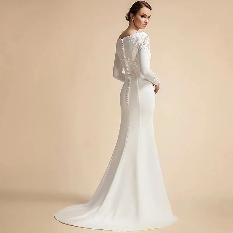 Wedding Dresses Long Sleeves Ivory Muslim Bridal Gowns for Bride Satin Lace