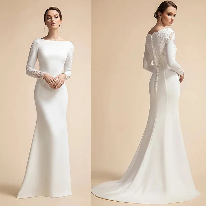 Wedding Dresses Long Sleeves Ivory Muslim Bridal Gowns for Bride Satin Lace