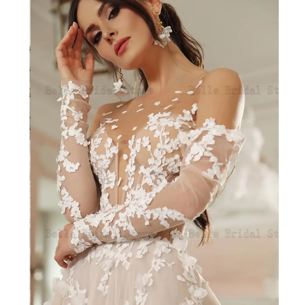 Wedding Dresses O Neck Movable Sleeves Illusion Appliques Sweep Train