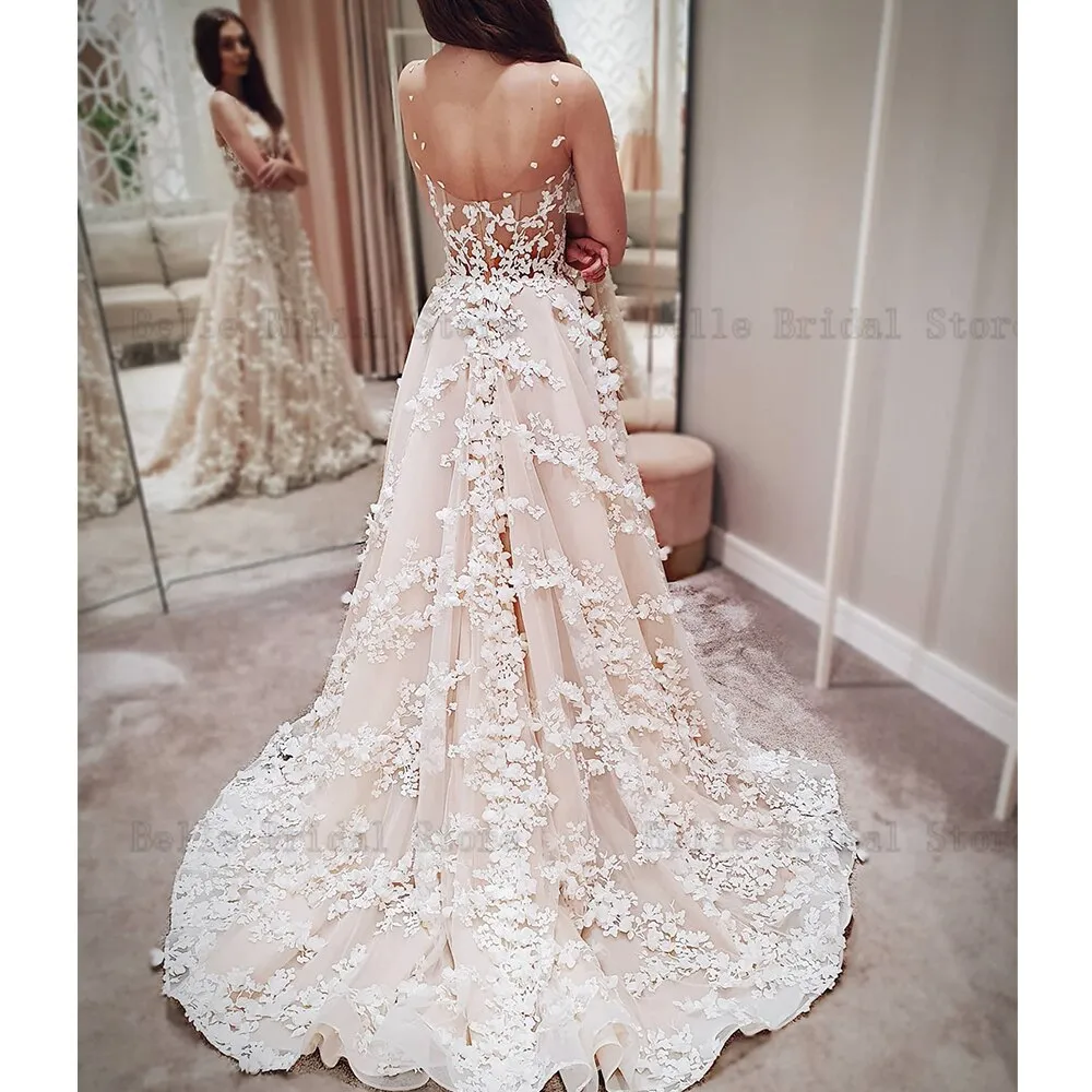 Wedding Dresses O Neck Movable Sleeves Illusion Appliques Sweep Train