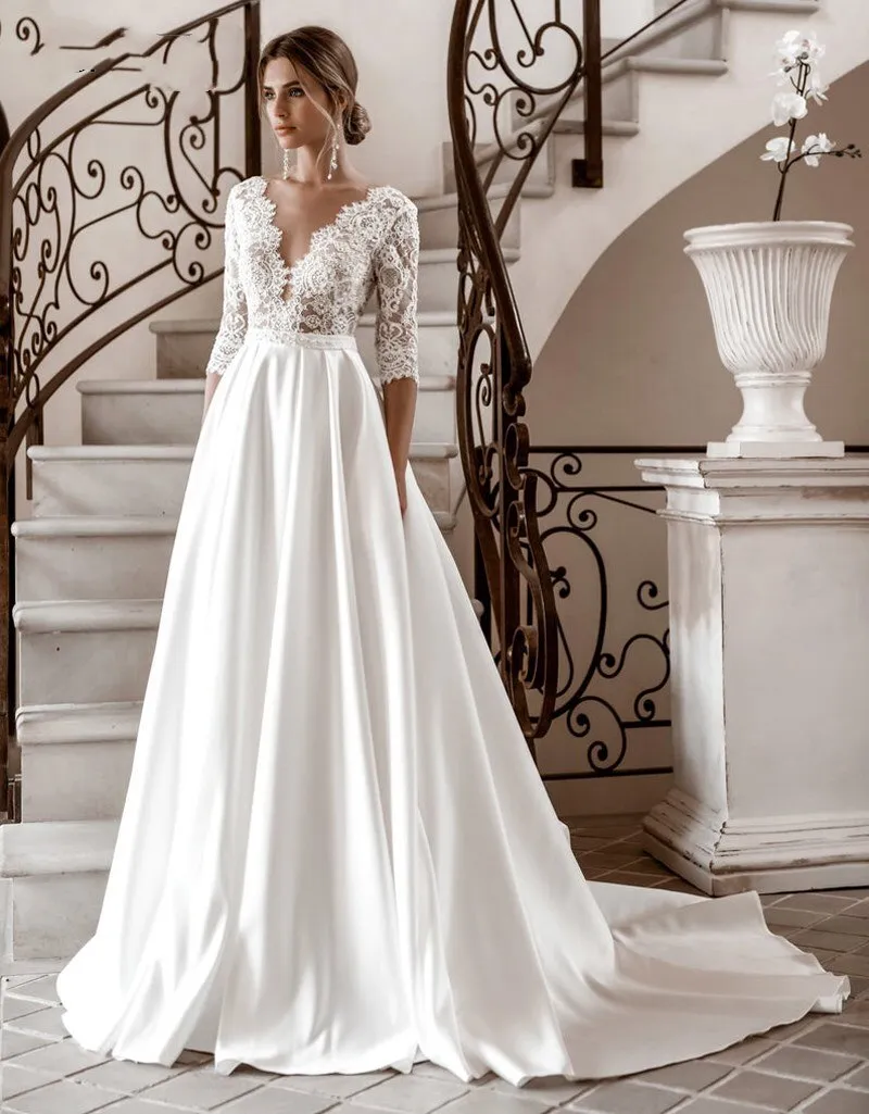 Wedding Dresses V-Neck Satin A-Line Bridal Gown