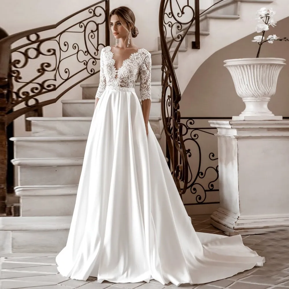 Wedding Dresses V-Neck Satin A-Line Bridal Gown