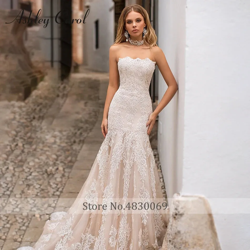 Wedding Dresses With Detachable Train Boat Neck Full Sleeve Appliques