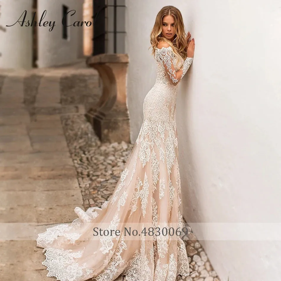Wedding Dresses With Detachable Train Boat Neck Full Sleeve Appliques