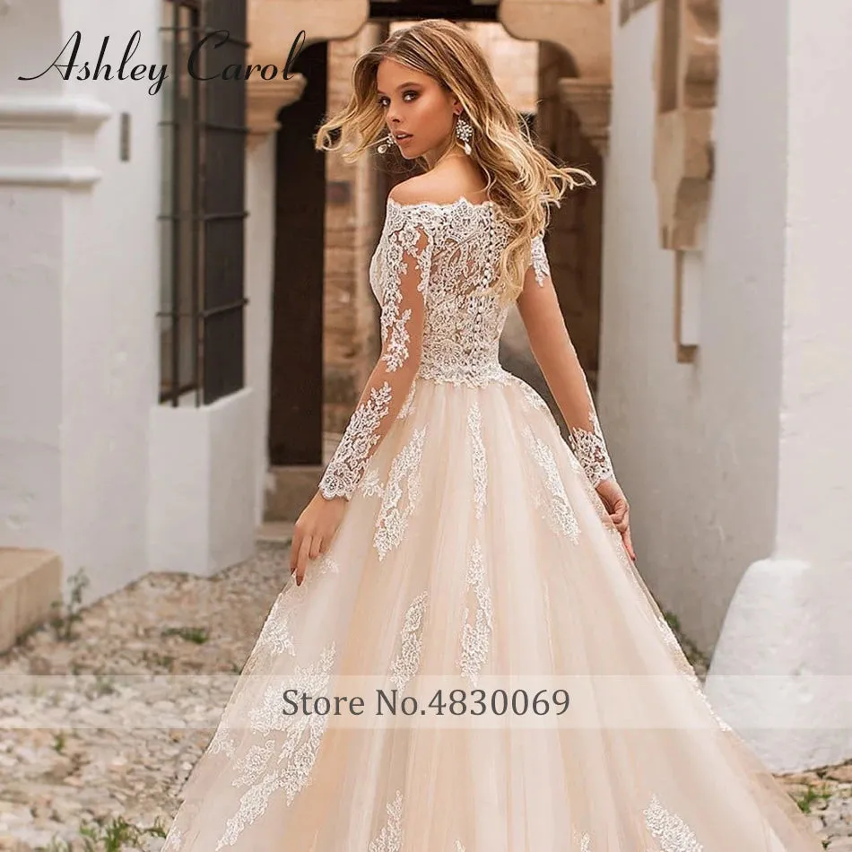 Wedding Dresses With Detachable Train Boat Neck Full Sleeve Appliques