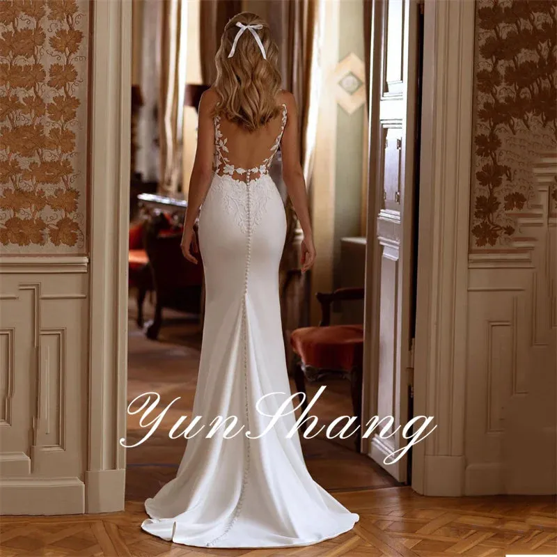 Wedding Dresses Women Open Back V-Neck Lace Spaghetti Straps Bridal Gown