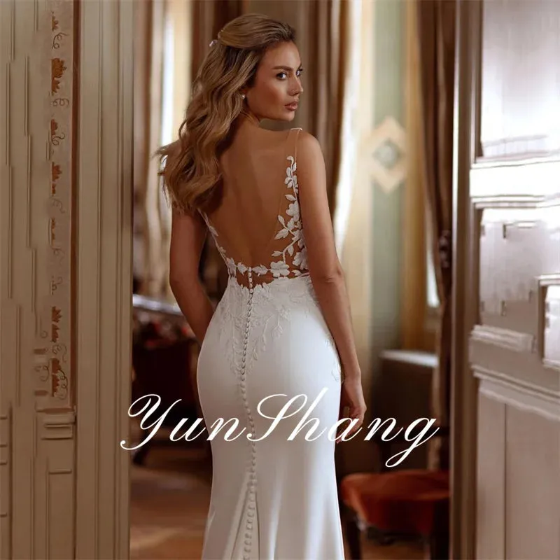 Wedding Dresses Women Open Back V-Neck Lace Spaghetti Straps Bridal Gown