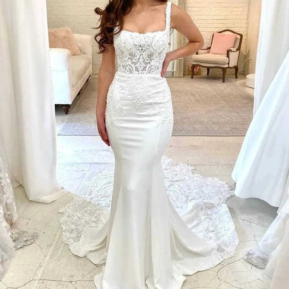 Wedding Guest Dresses: Wedding Dress Square Collar Lace Appliques For Women