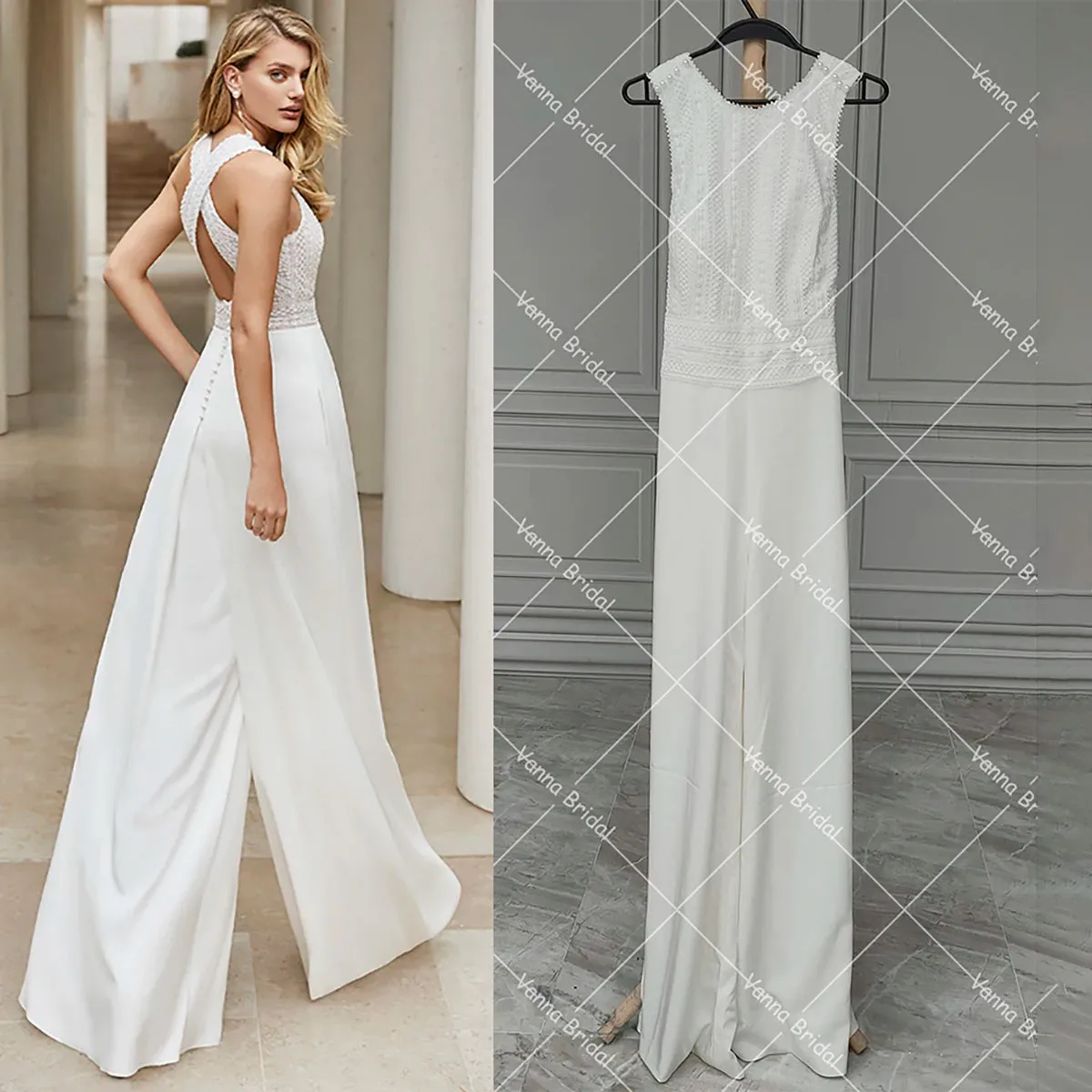 Wedding Guest Dresses: Wedding Jumpsuit Wide Legs Round Neck Sleeveless Plus Size