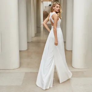 Wedding Guest Dresses: Wedding Jumpsuit Wide Legs Round Neck Sleeveless Plus Size