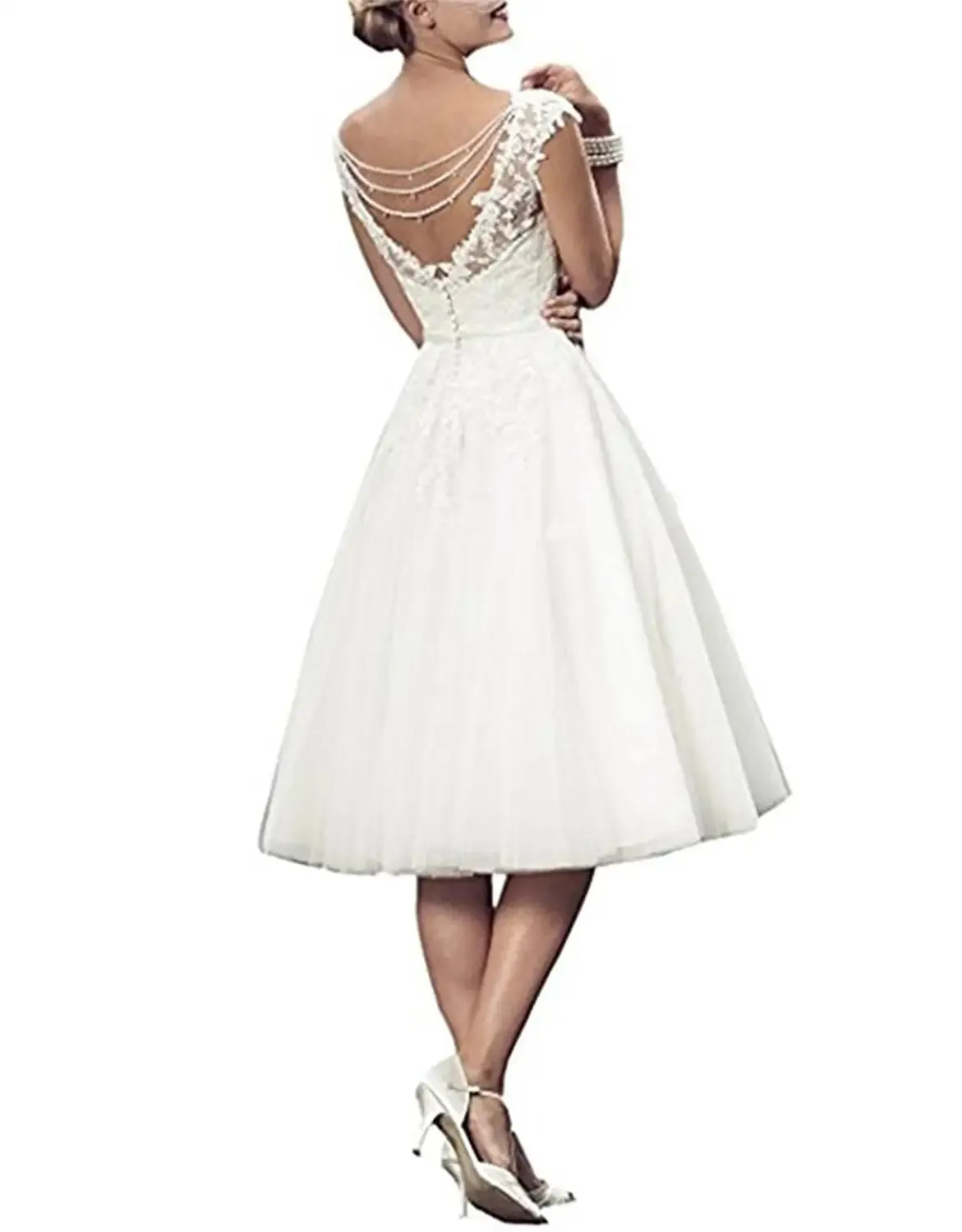 Wedding Guest Dresses: White Lace Bride Wedding Dresses Sleeveless Back Open Dress