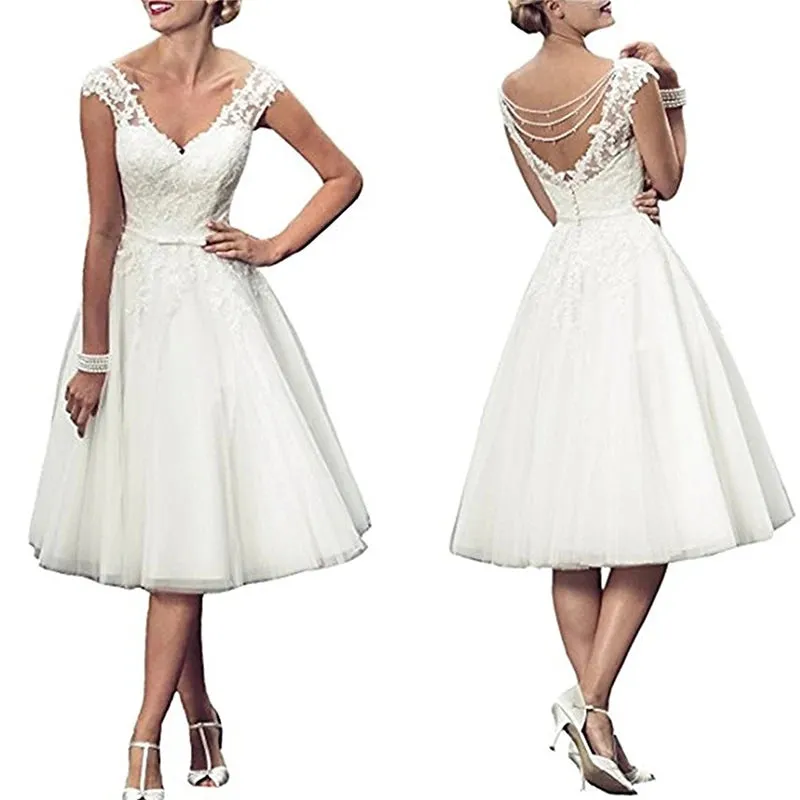 Wedding Guest Dresses: White Lace Bride Wedding Dresses Sleeveless Back Open Dress