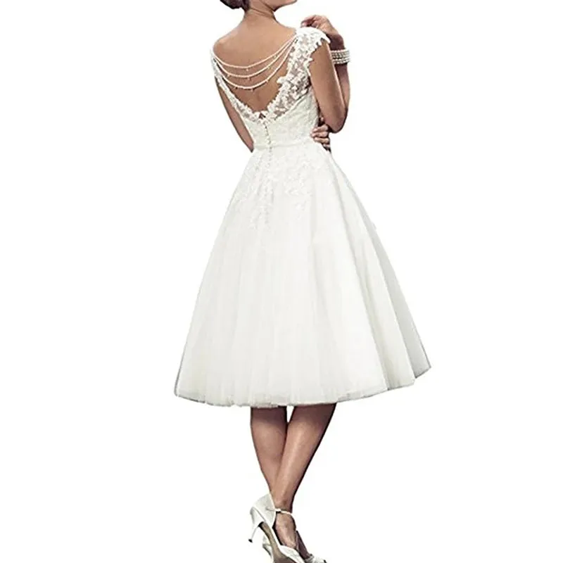 Wedding Guest Dresses: White Lace Bride Wedding Dresses Sleeveless Back Open Dress