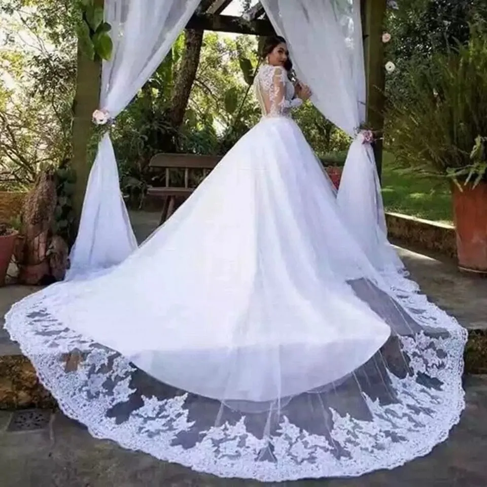 white  and Ivory Women Long Train Wedding Dress