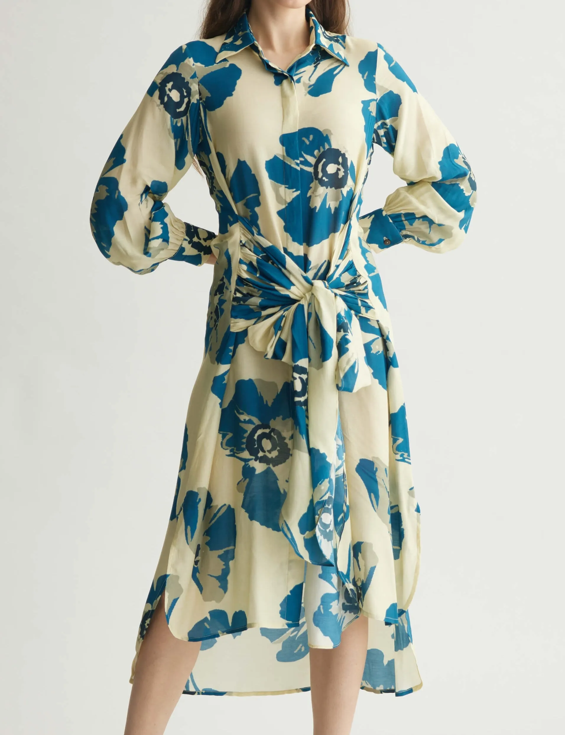 White blue floral wrap shirt dress