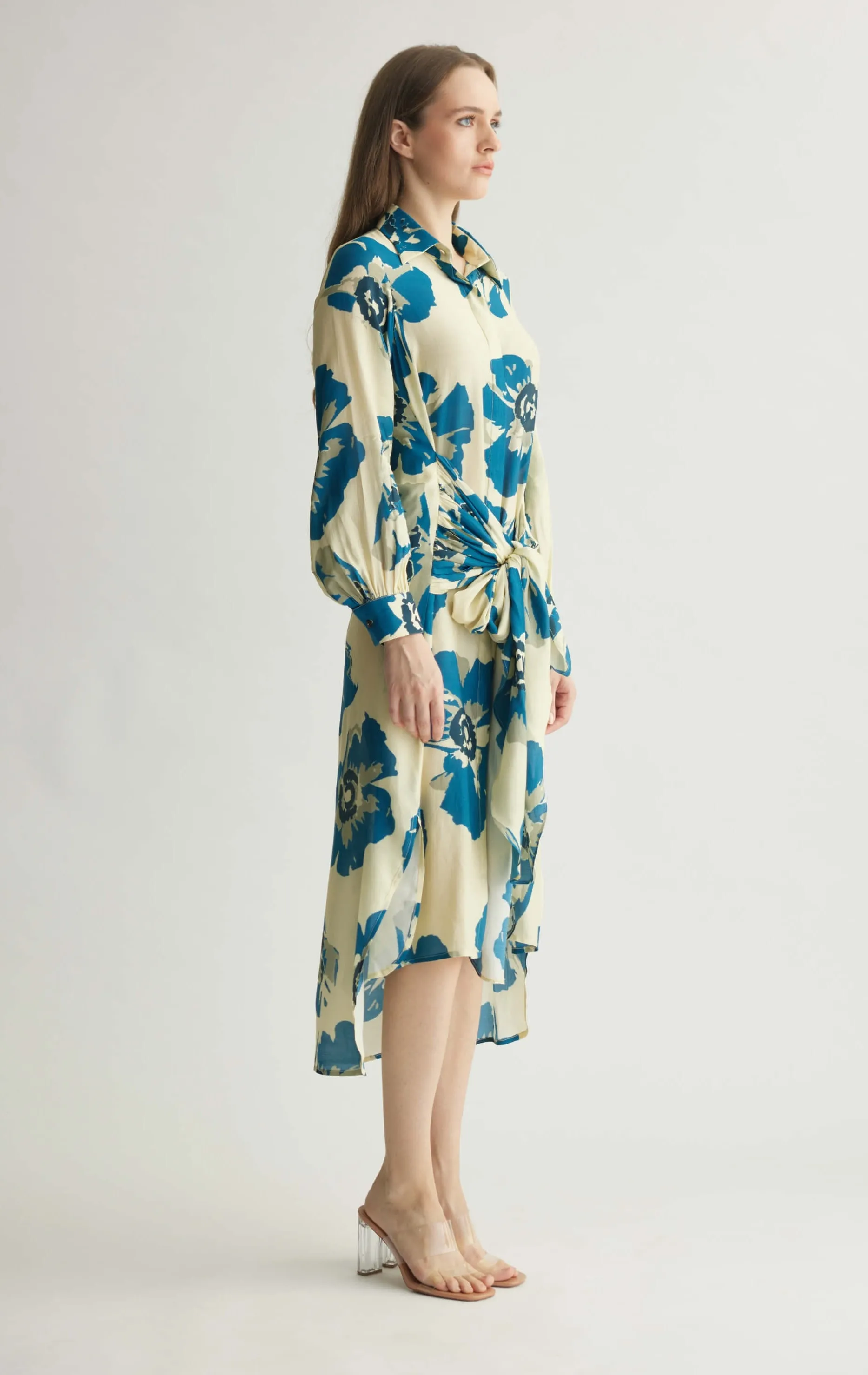 White blue floral wrap shirt dress