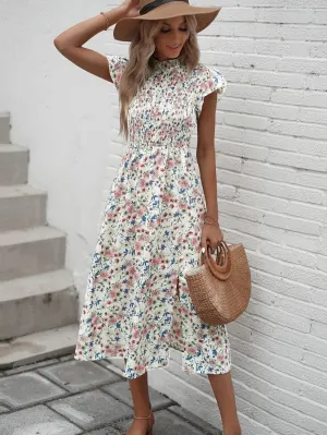 White Midi Dress With Smocking Detail