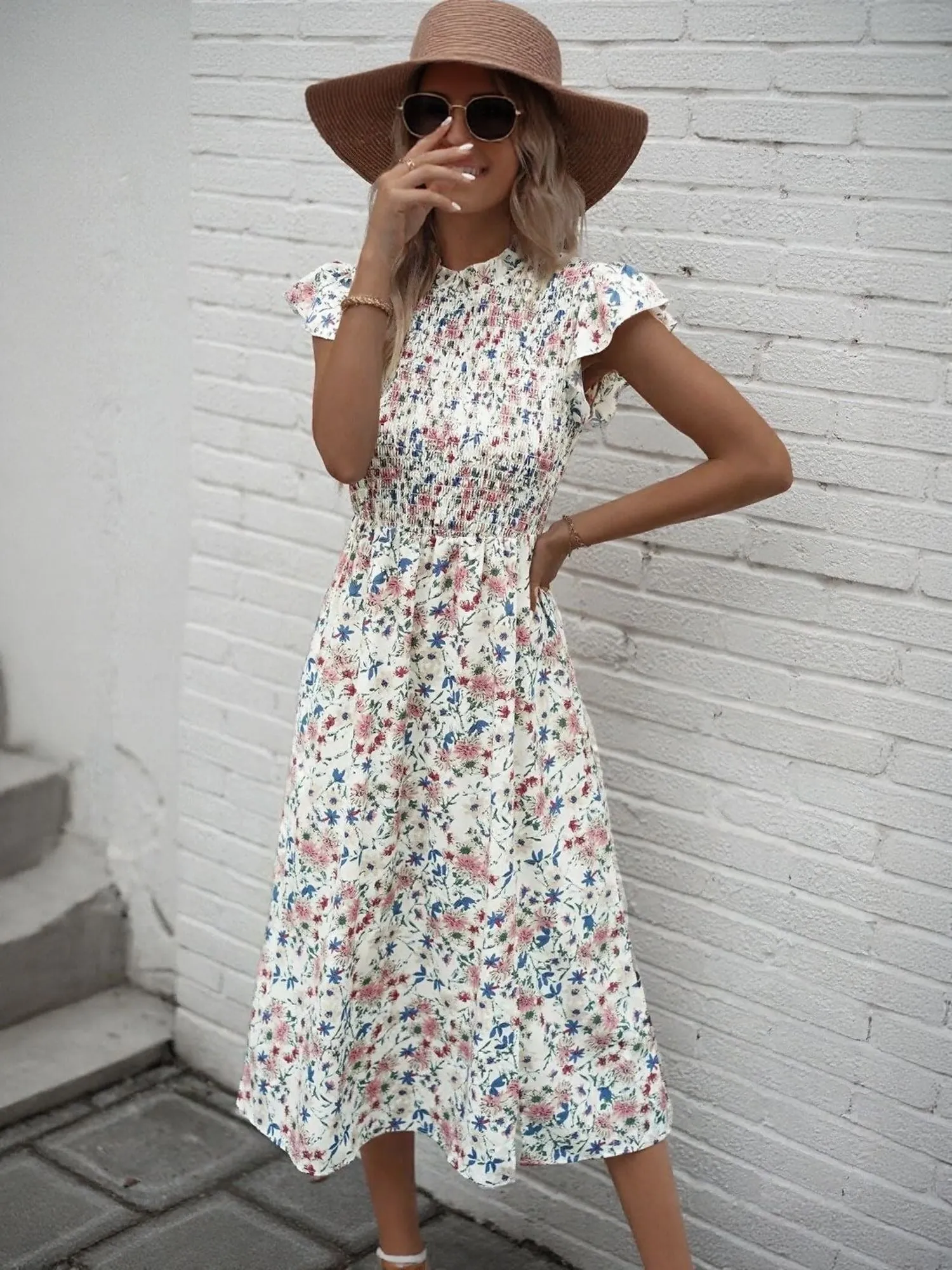 White Midi Dress With Smocking Detail