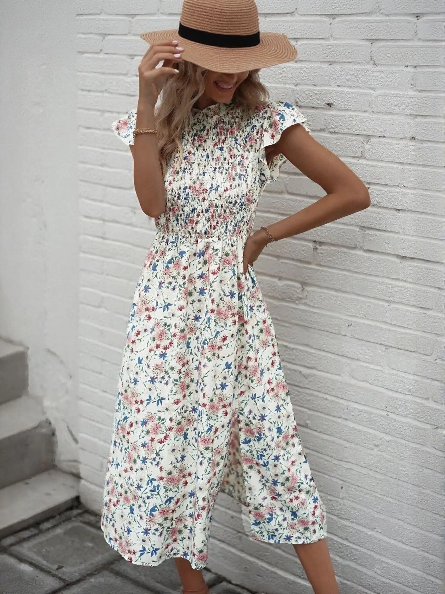 White Midi Dress With Smocking Detail