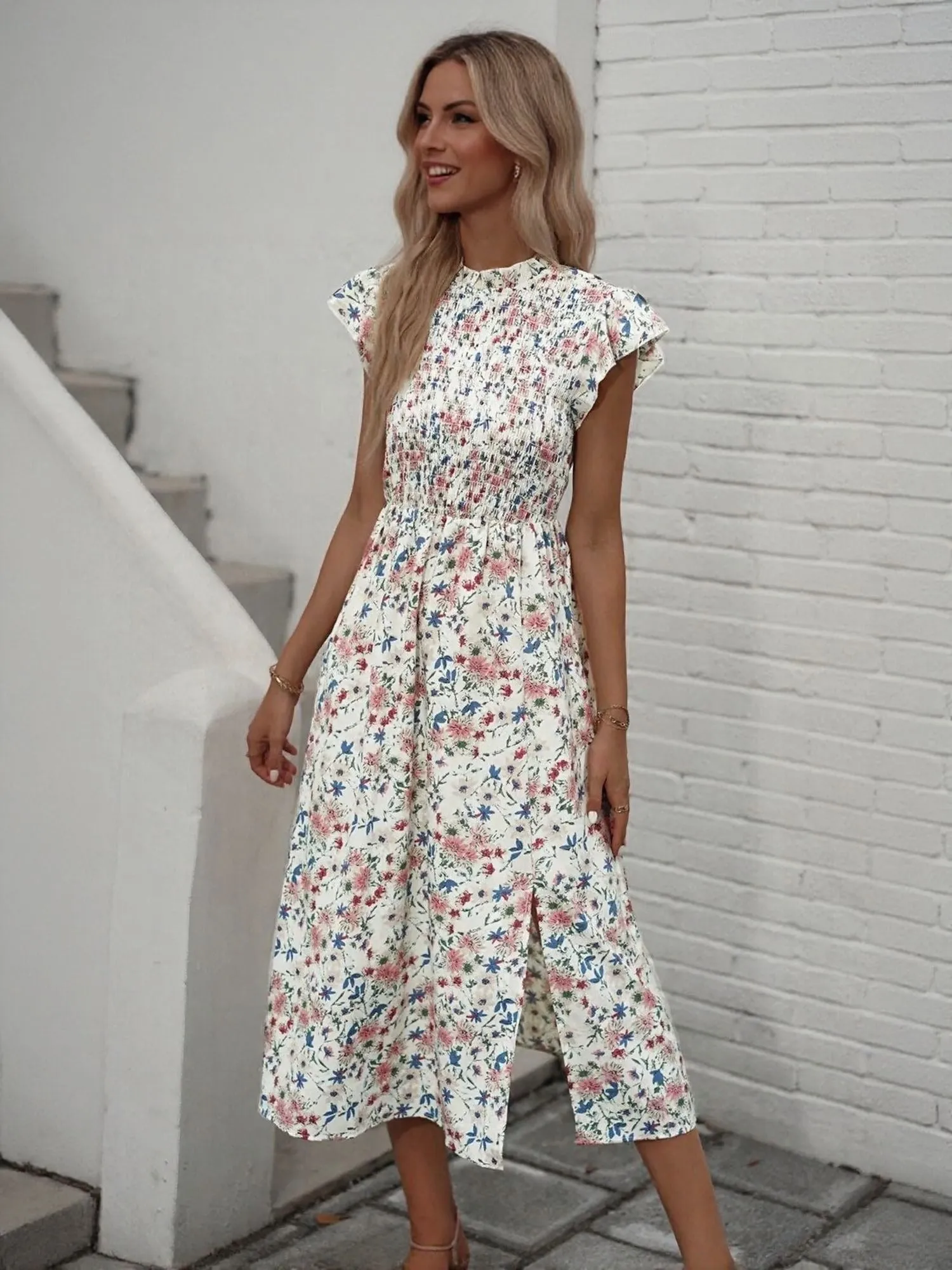 White Midi Dress With Smocking Detail