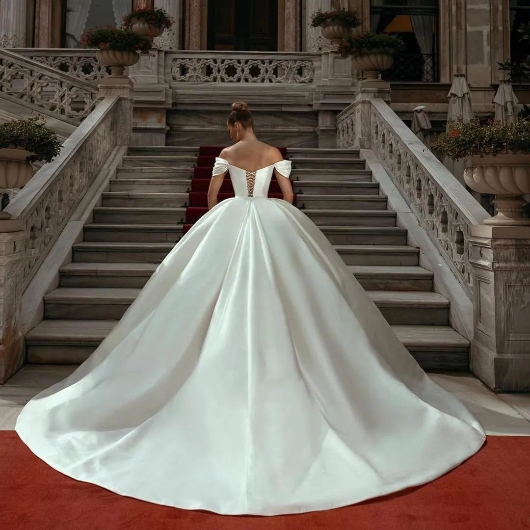 White Wedding Dresses Off Shoulder Sweep Train Bride Dress Lace Up