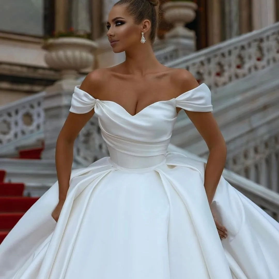 White Wedding Dresses Off Shoulder Sweep Train Bride Dress Lace Up
