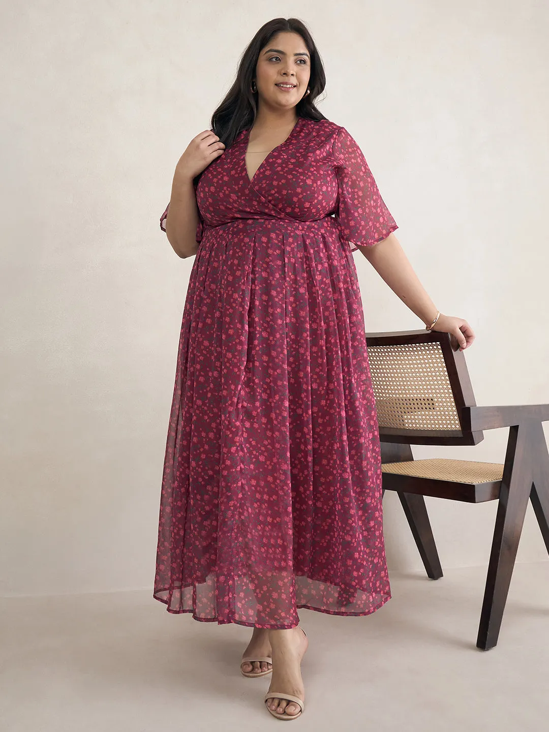 Wine Floral Print Wrap Maxi Dress