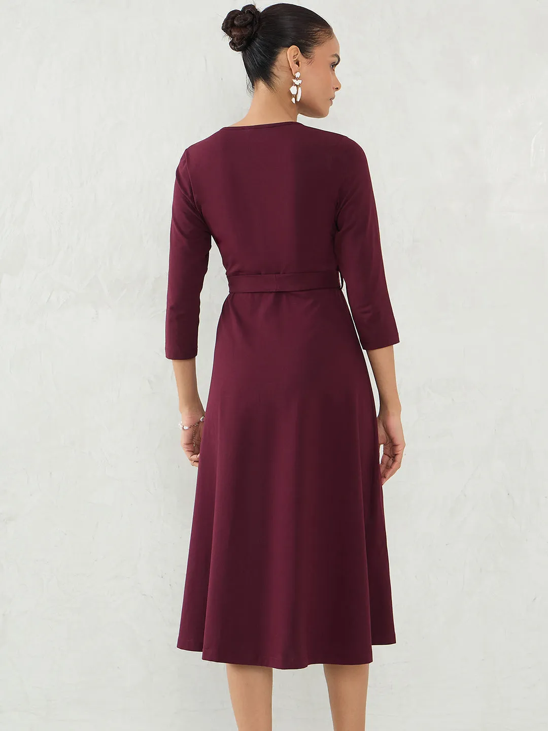 Wine Knit Wrap Midi Dress