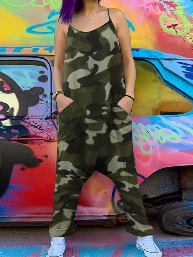 Women Loose Camouflage Print Sleeveless Harem Pants Jumpsuit with Side Pockets