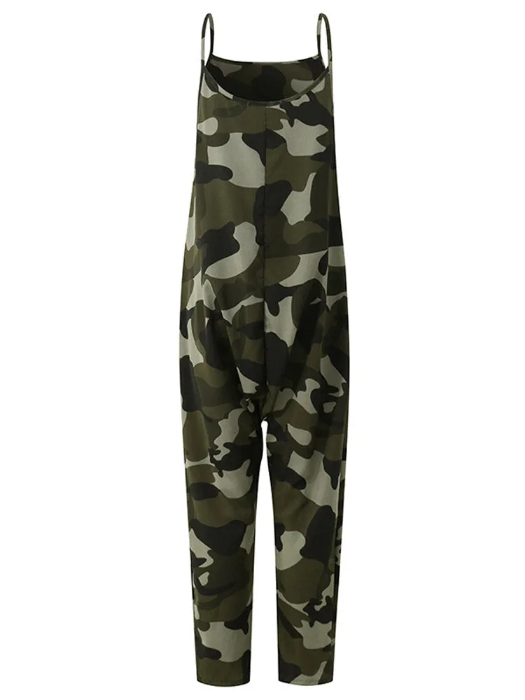Women Loose Camouflage Print Sleeveless Harem Pants Jumpsuit with Side Pockets