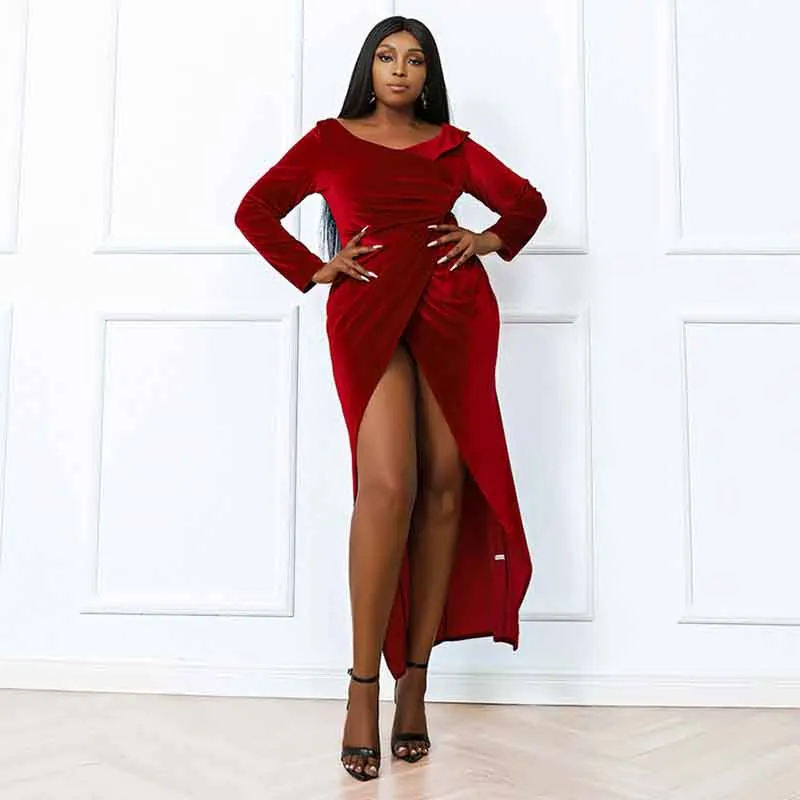 Women Plus Size Red Velvet Prom Long Sleeves Maxi Evening Dress