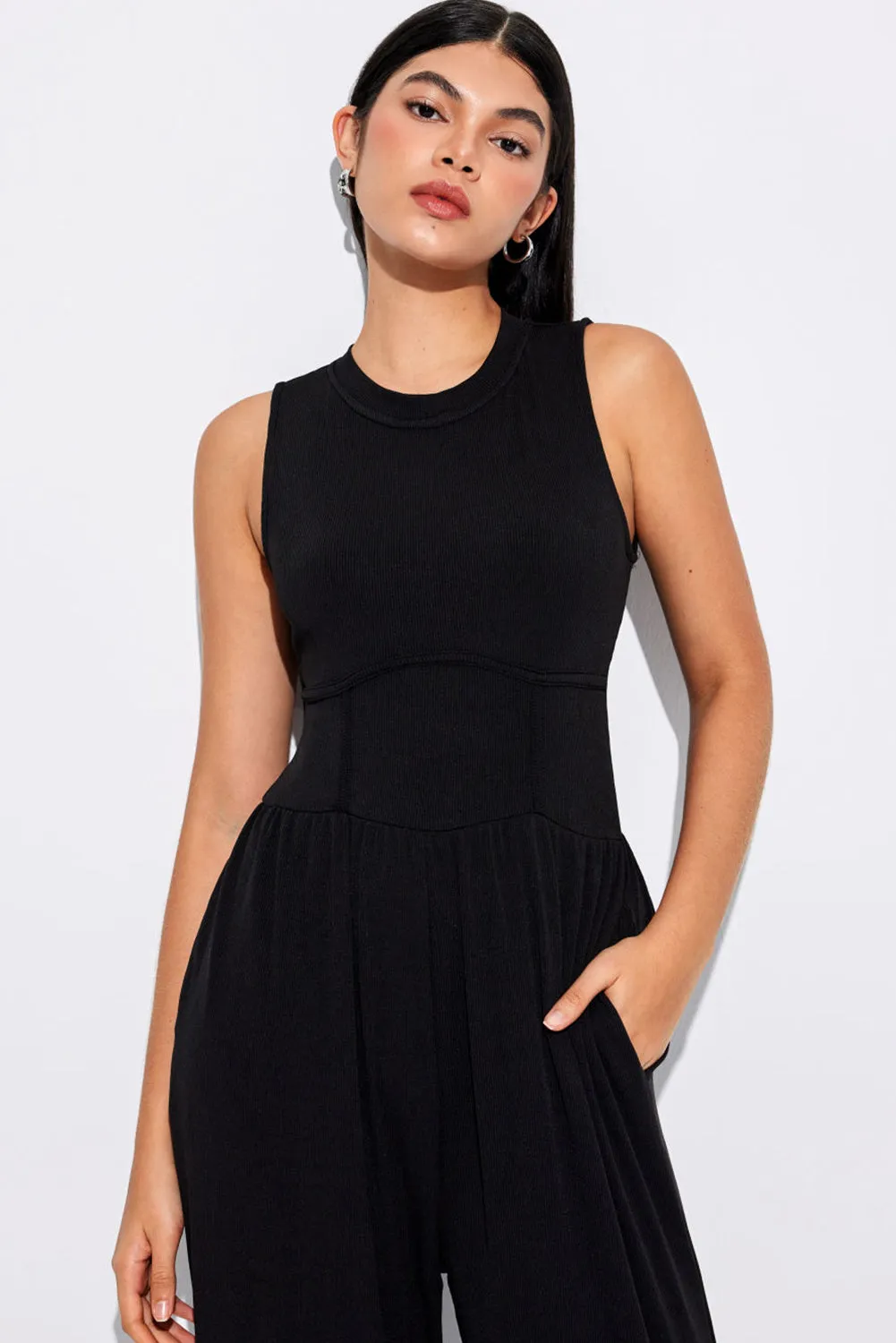 Women's Cinched Waist Sleeveless Wide Leg Jumpsuit