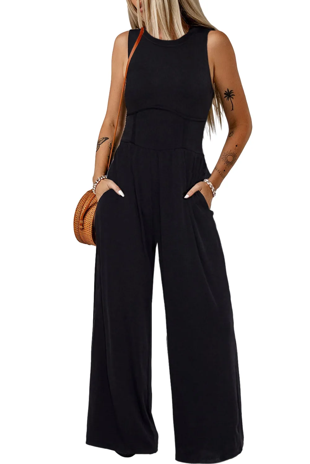 Women's Cinched Waist Sleeveless Wide Leg Jumpsuit