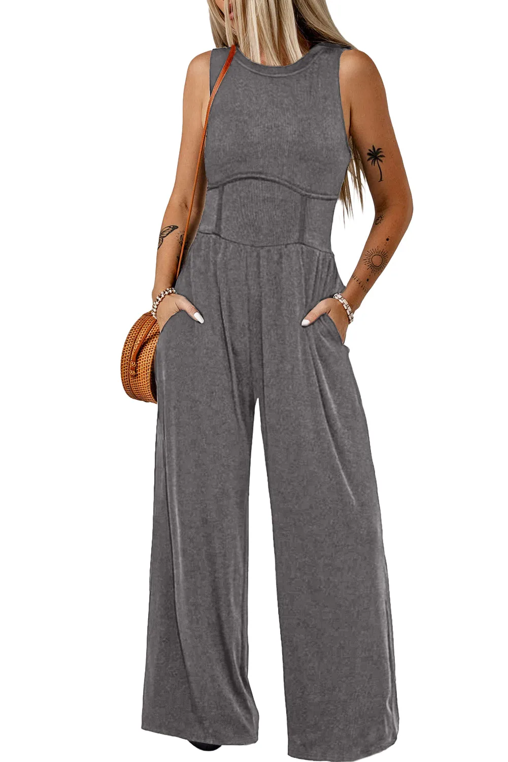 Women's Cinched Waist Sleeveless Wide Leg Jumpsuit