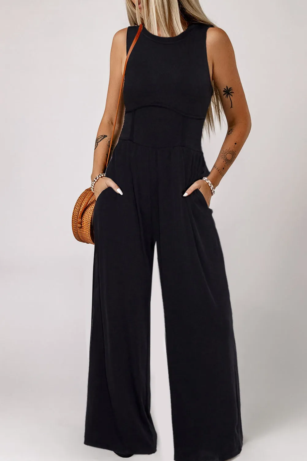 Women's Cinched Waist Sleeveless Wide Leg Jumpsuit
