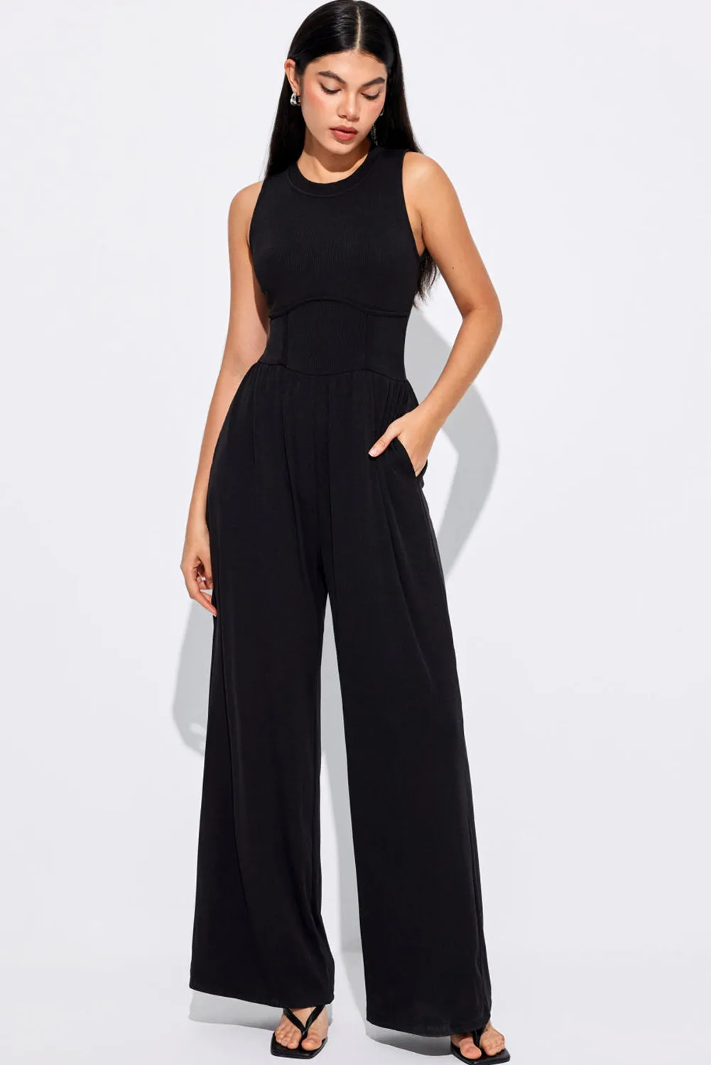 Women's Cinched Waist Sleeveless Wide Leg Jumpsuit