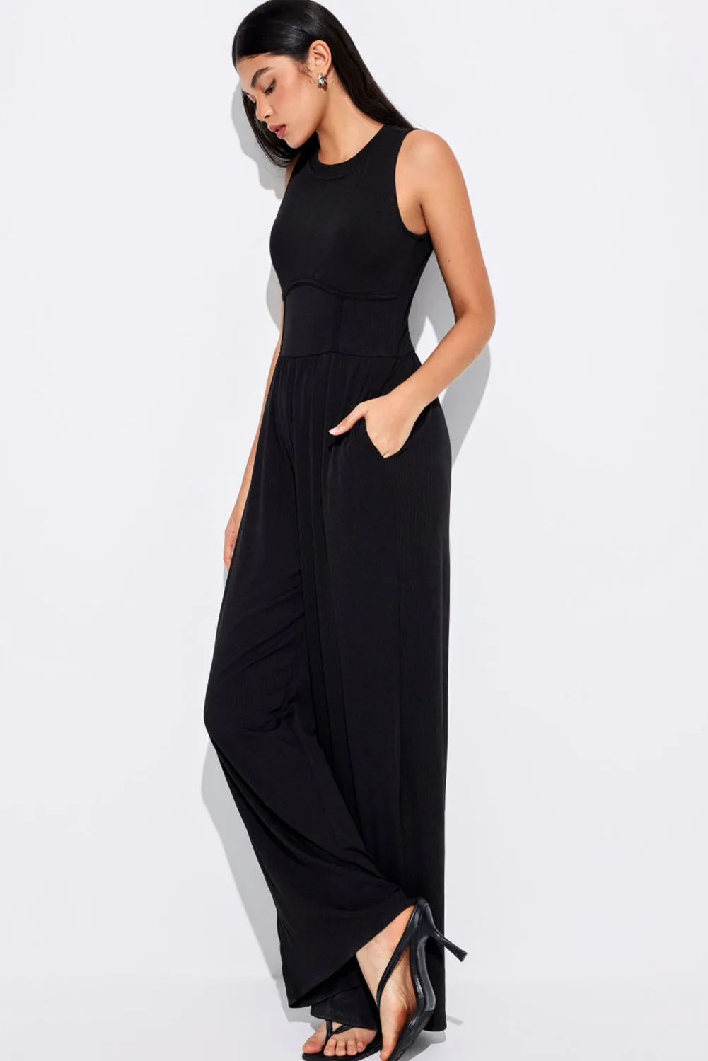 Women's Cinched Waist Sleeveless Wide Leg Jumpsuit