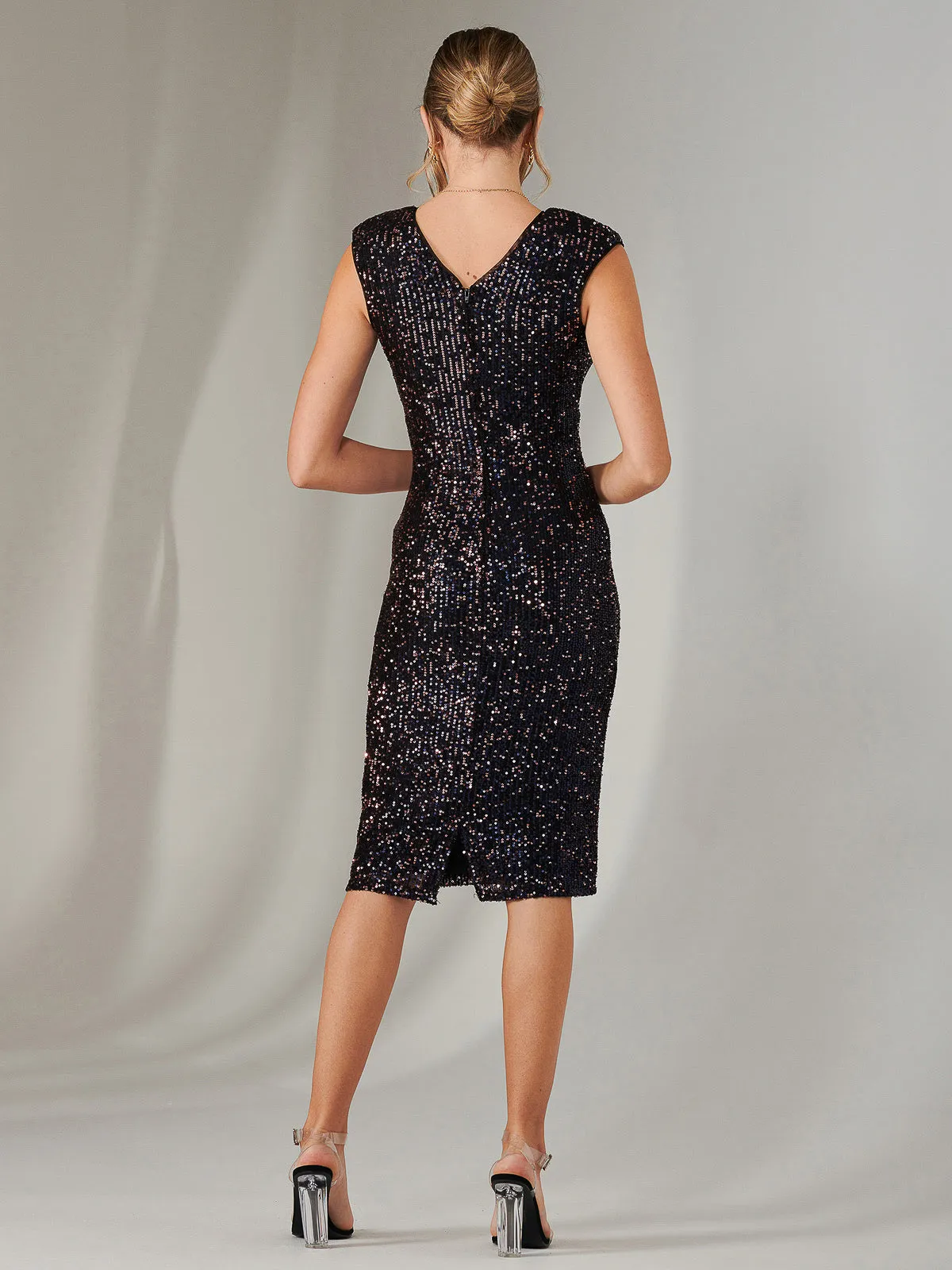 Wrap Bodice Sequin Midi Dress, Navy Multi